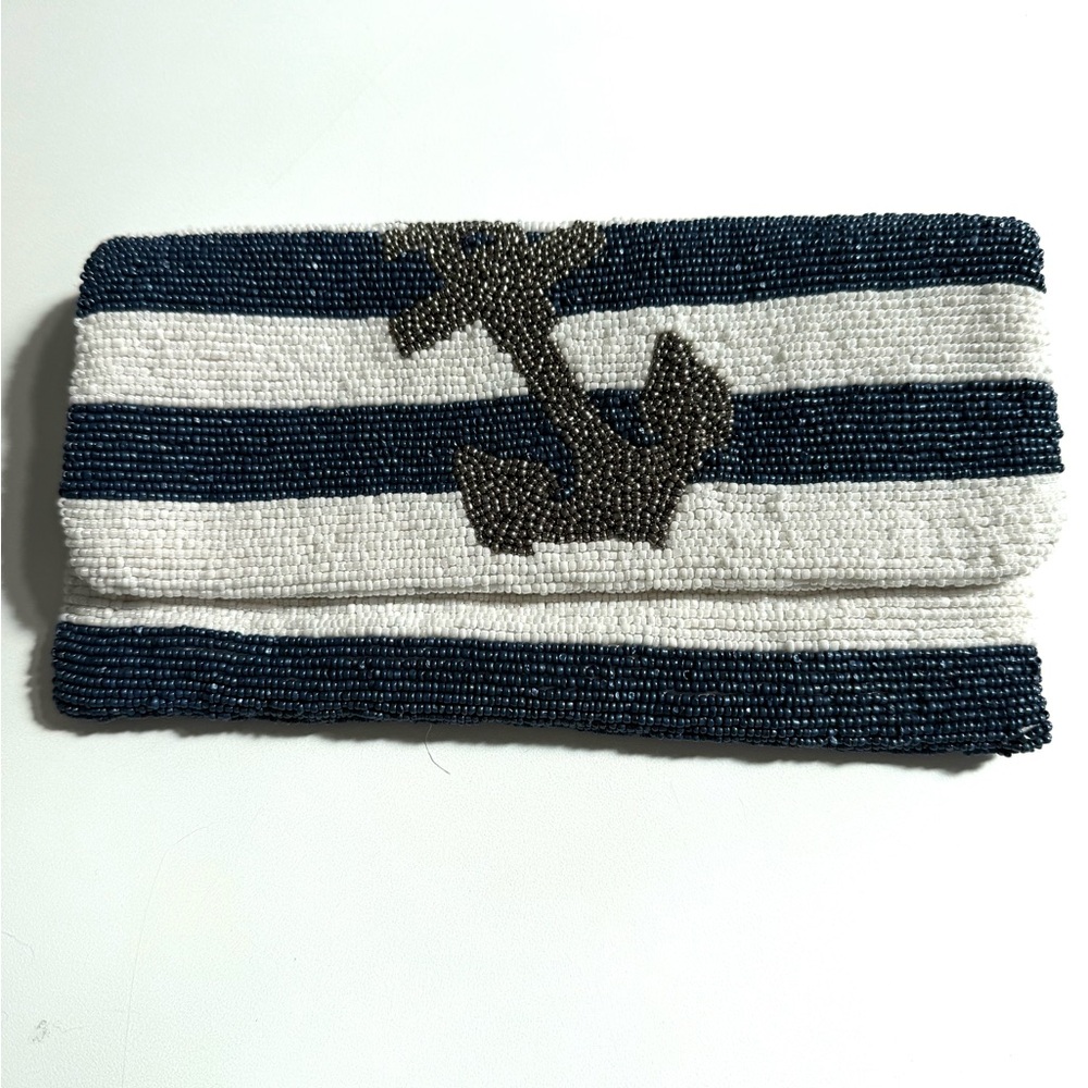 Hand Beaded Preppy Nautical Stripe Foldover Clutch